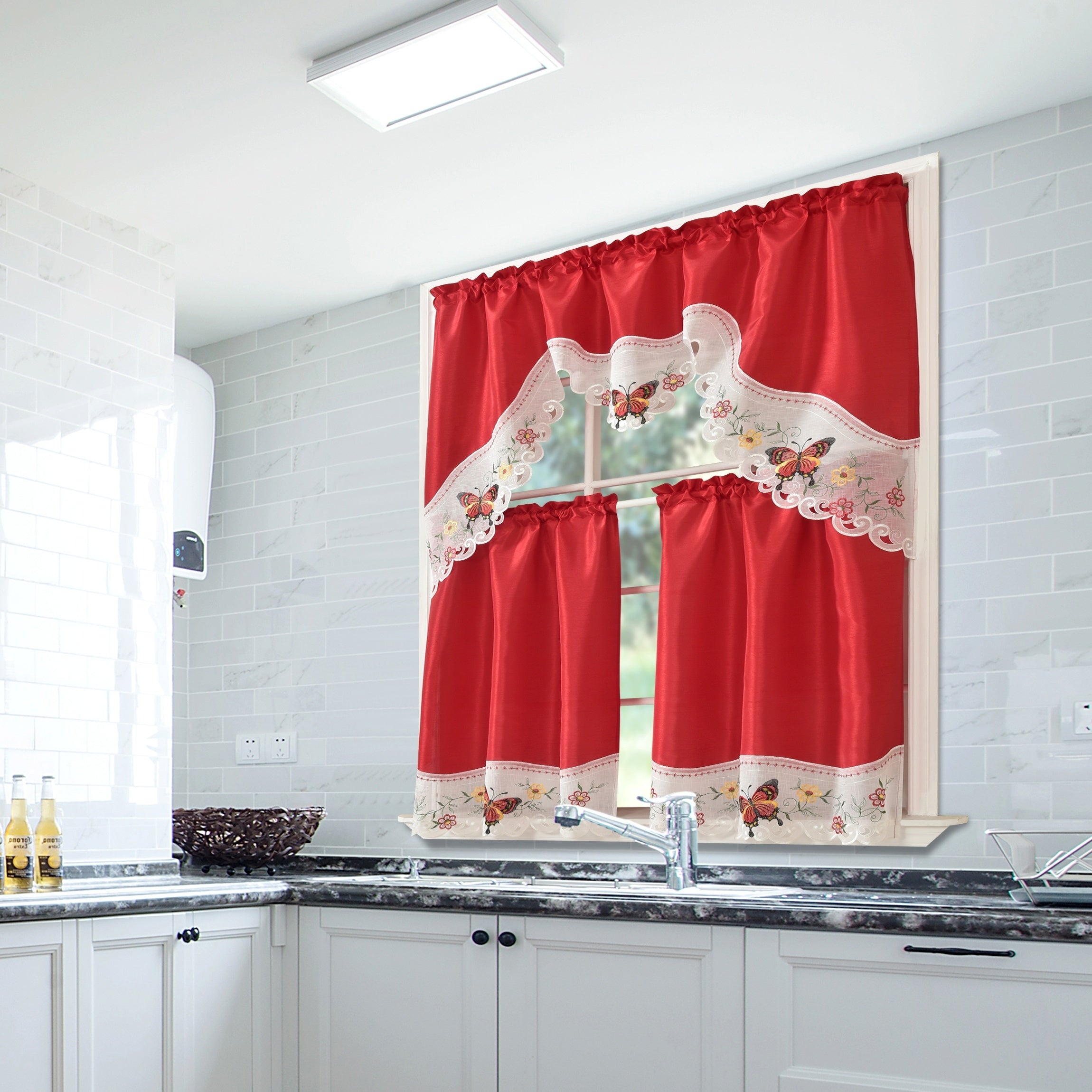 1 SET 3pcs/set Polyester plain fabric with beige floral lace, machine- pink blue gray burgundy butterfly pattern curtains, suitable for home decoration, bathroom, living room, bedroom, kitchen, outdoor decor, villa, wedding,